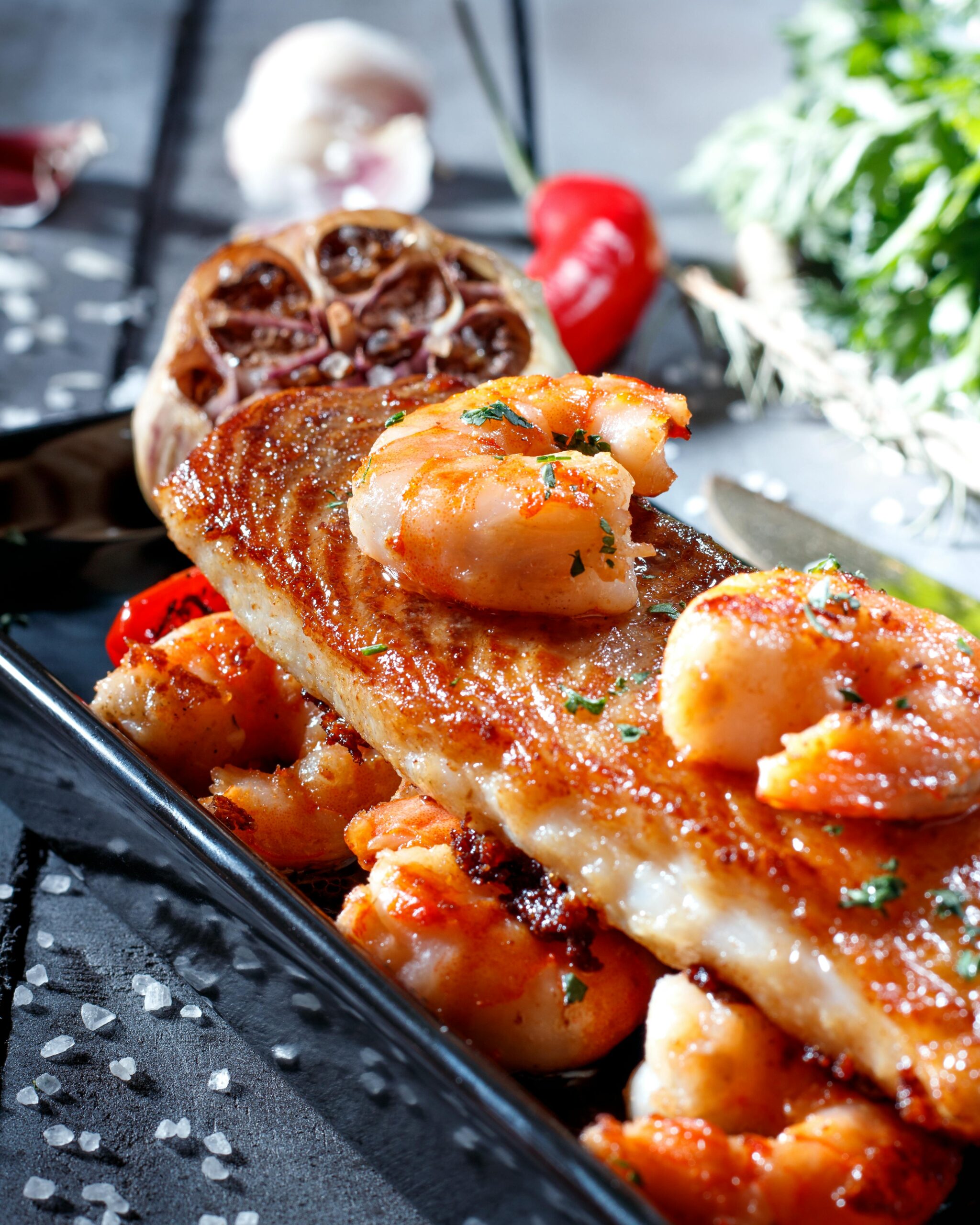Appetizing seafood dish featuring grilled fish and shrimp garnished with herbs.
