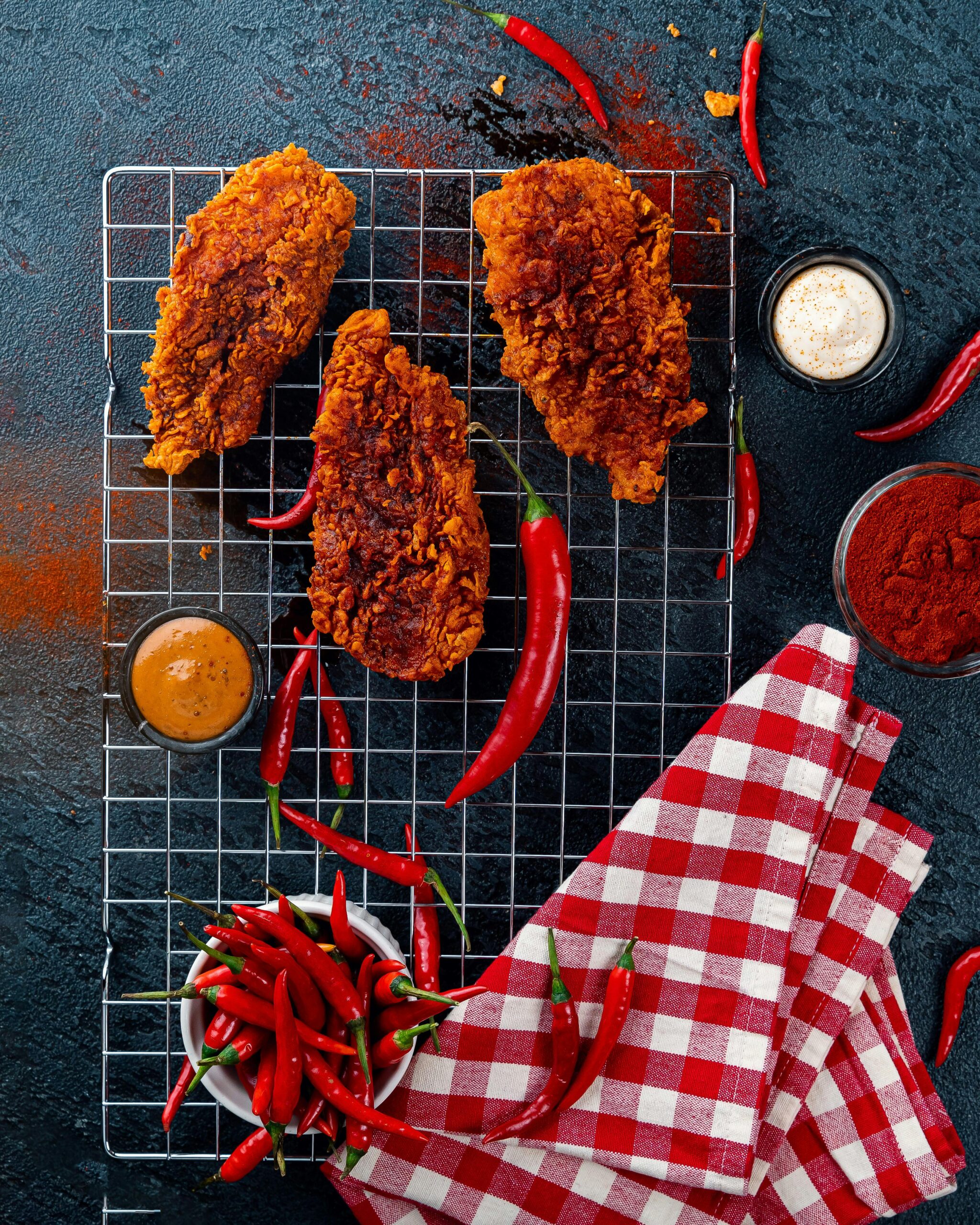 Delicious spicy fried chicken with red chili peppers and sauces on a wire rack.